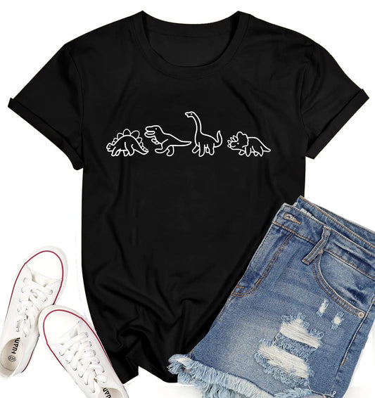 Women Cute Dinosaurs Graphic Tees Short Sleeve Casual Crew Neck Tshirt Tops Black