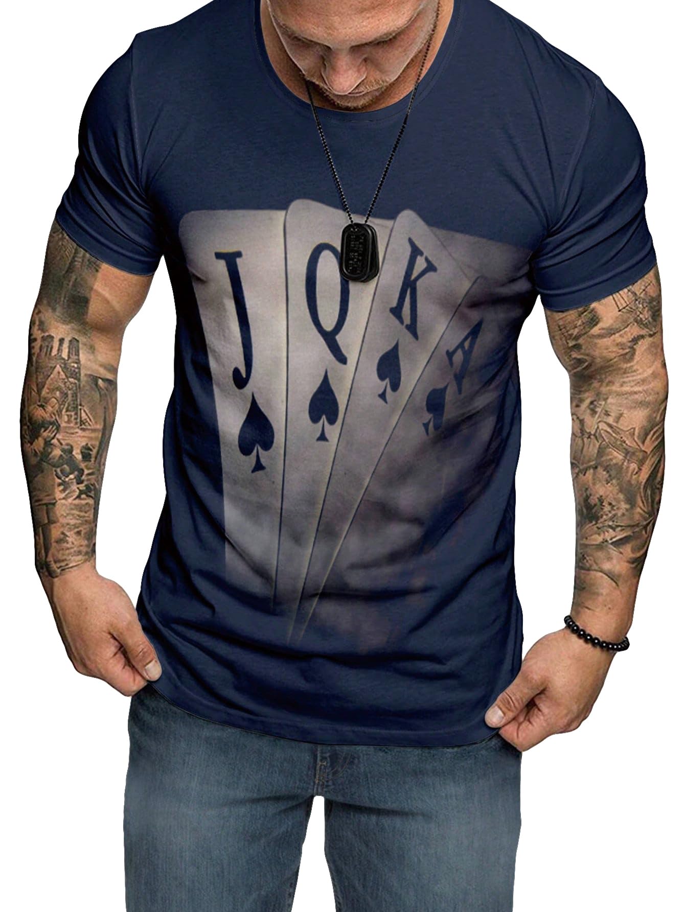 SOLY HUX Mens Plus Size Graphic Tees Playing Card Print T Shirts Short Sleeve Summer Tops Navy Blue Graphic 1XL