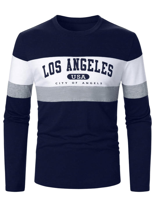 RoseSeek Mens Long Sleeve Graphic Tees Color Block Letter Print Tee Shirts Casual Vintage Tops Streetwear Blue Medium