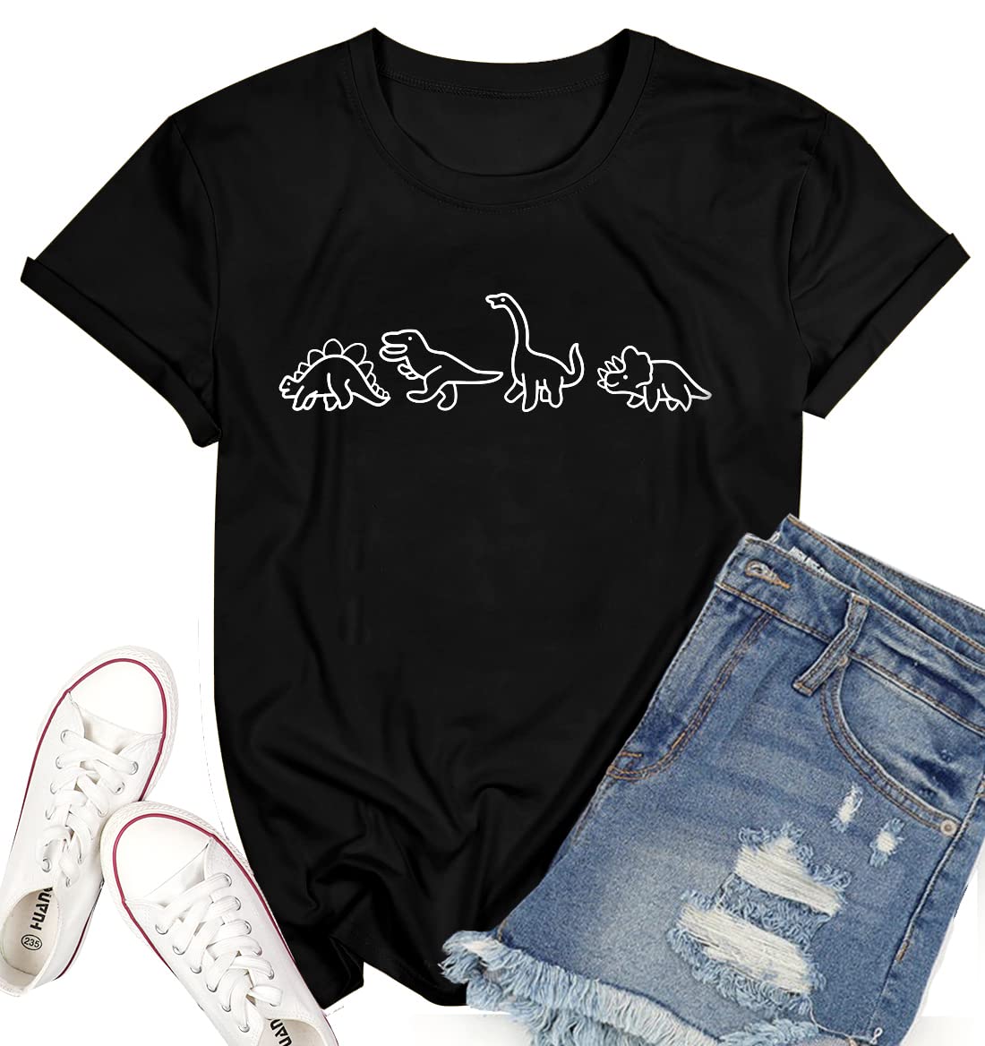 Women Cute Dinosaurs Graphic Tees Short Sleeve Casual Crew Neck Tshirt Tops Black