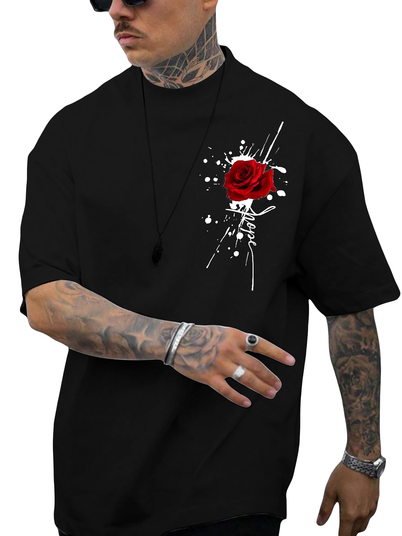 SOLY HUX Mens Rose Print Graphic Tees Oversized T Shirt Summer Tops Casual Black Rose X-Large